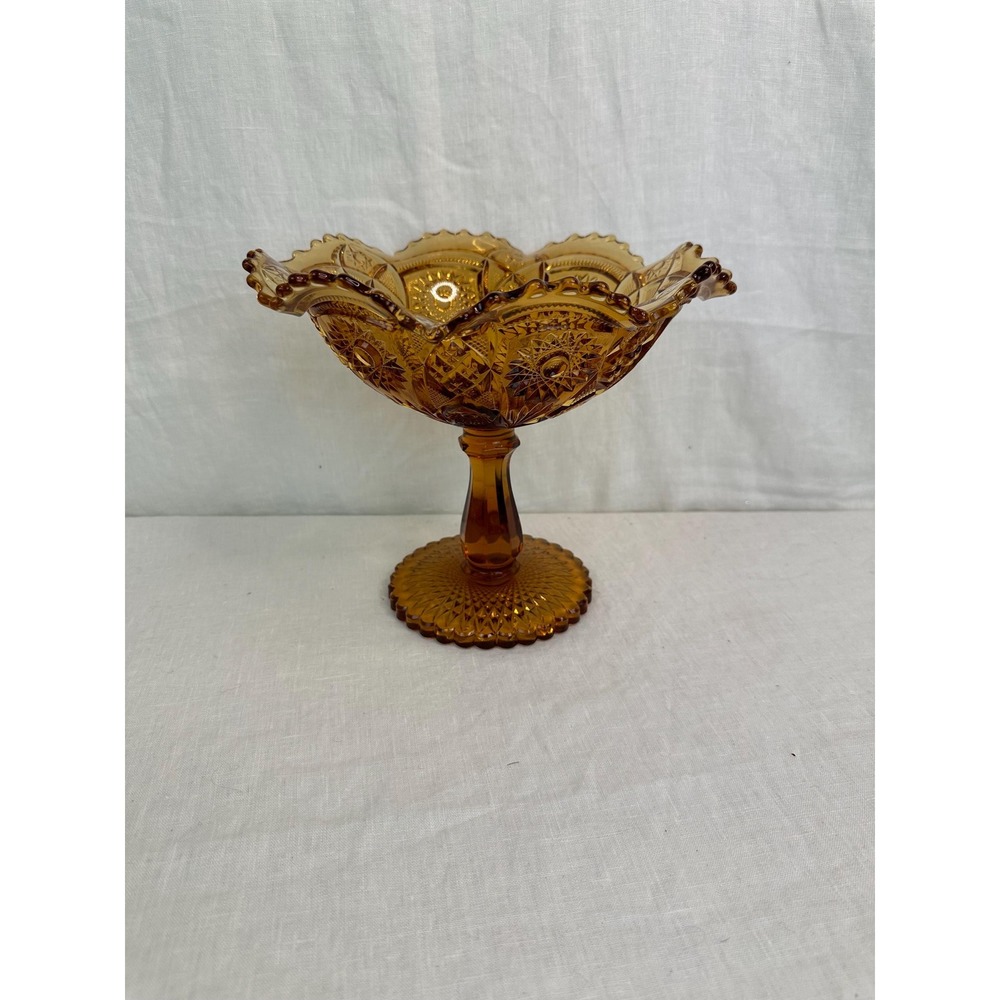 Vintage Imperial Glass Amber Hobstar Pedestal Compote Ruffled Bowl 10x9
